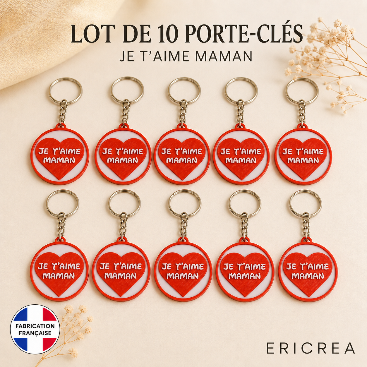 Lot Revendeur Porte-clés – « Je t'aime Maman » – 10 pièces