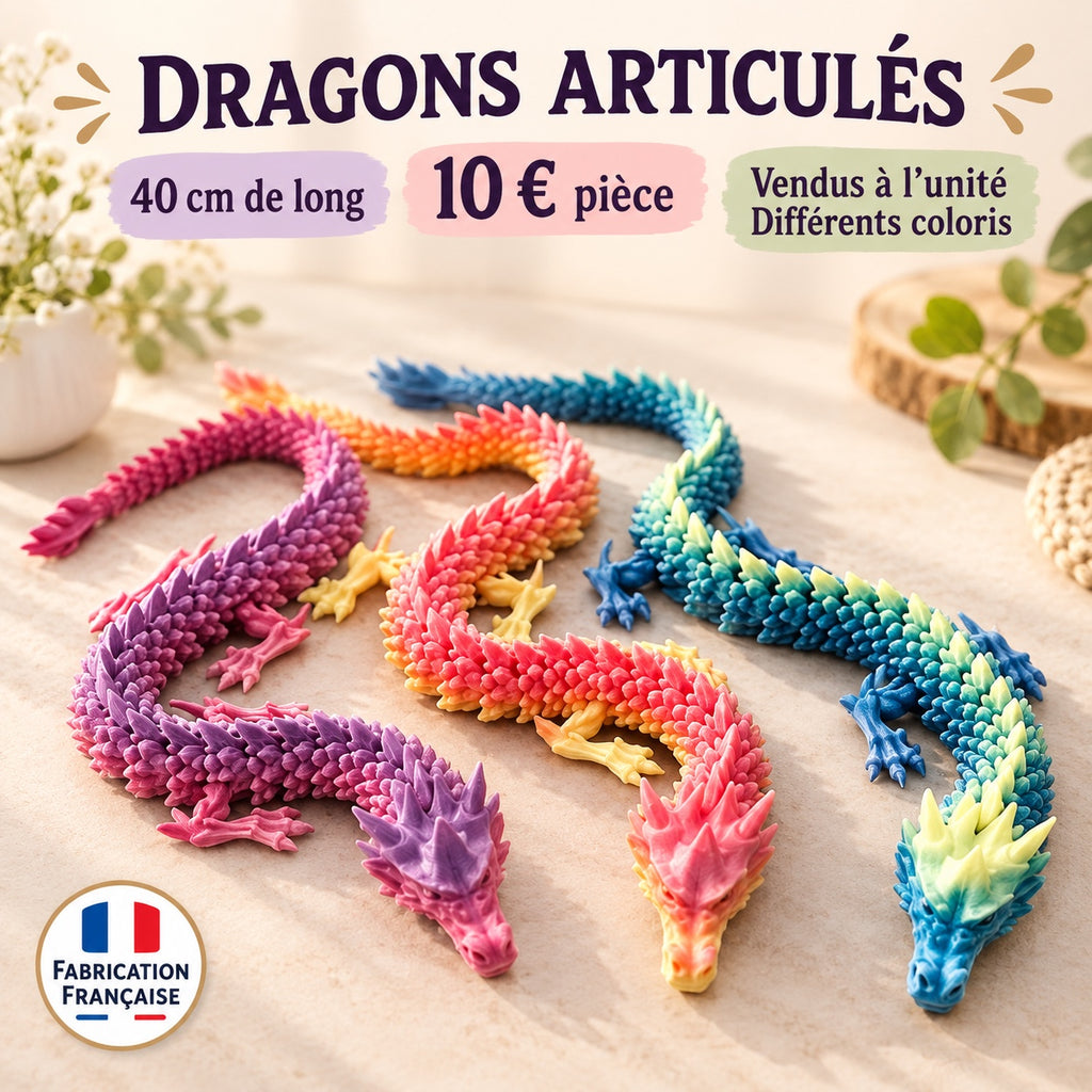 Dragons articulés multicolores — différents coloris disponibles, vendus à l’unité