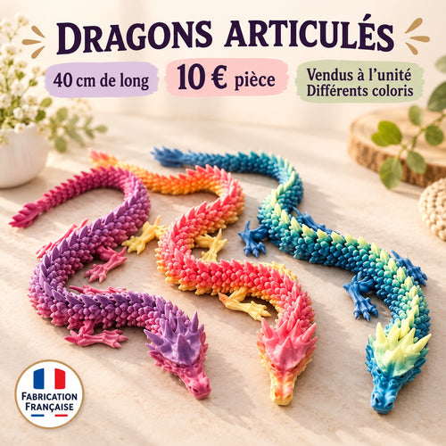 Dragons articulés multicolores — différents coloris disponibles, vendus à l’unité