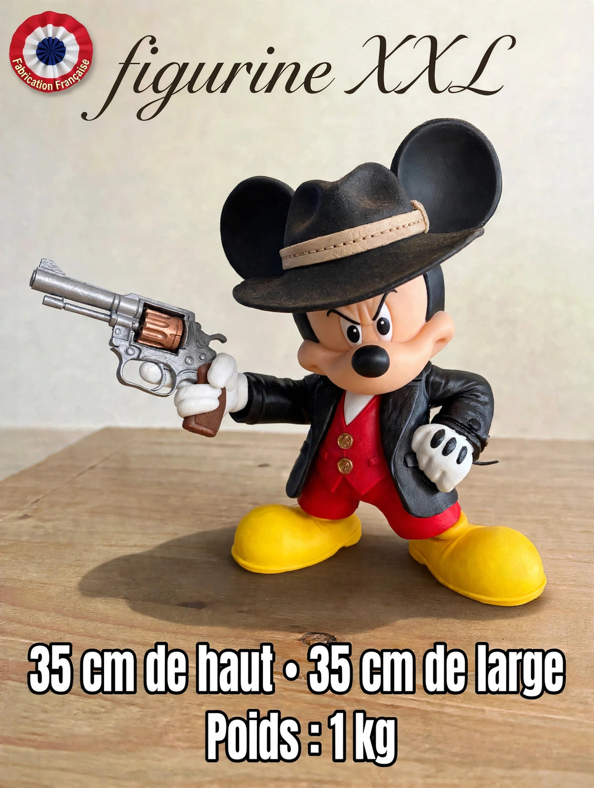 Figurine Mickey gangster XXL, 35 cm de haut et de large, fabrication française à Eyguières