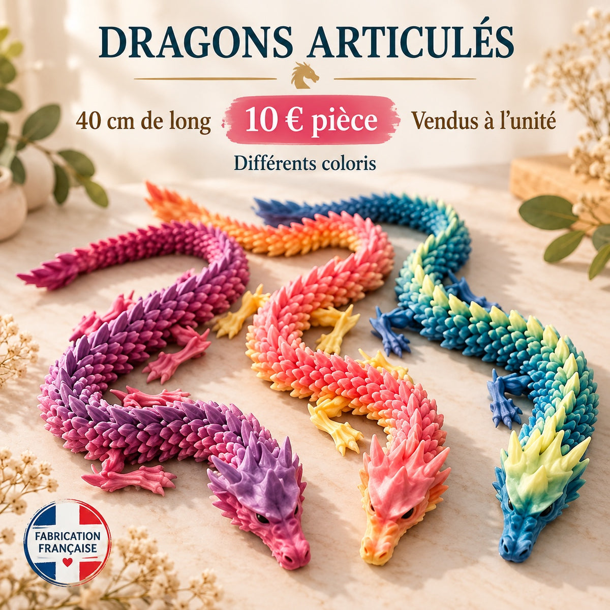 Dragon articulé multicolore de 40 cm — 10 € pièce, vendu à l’unité