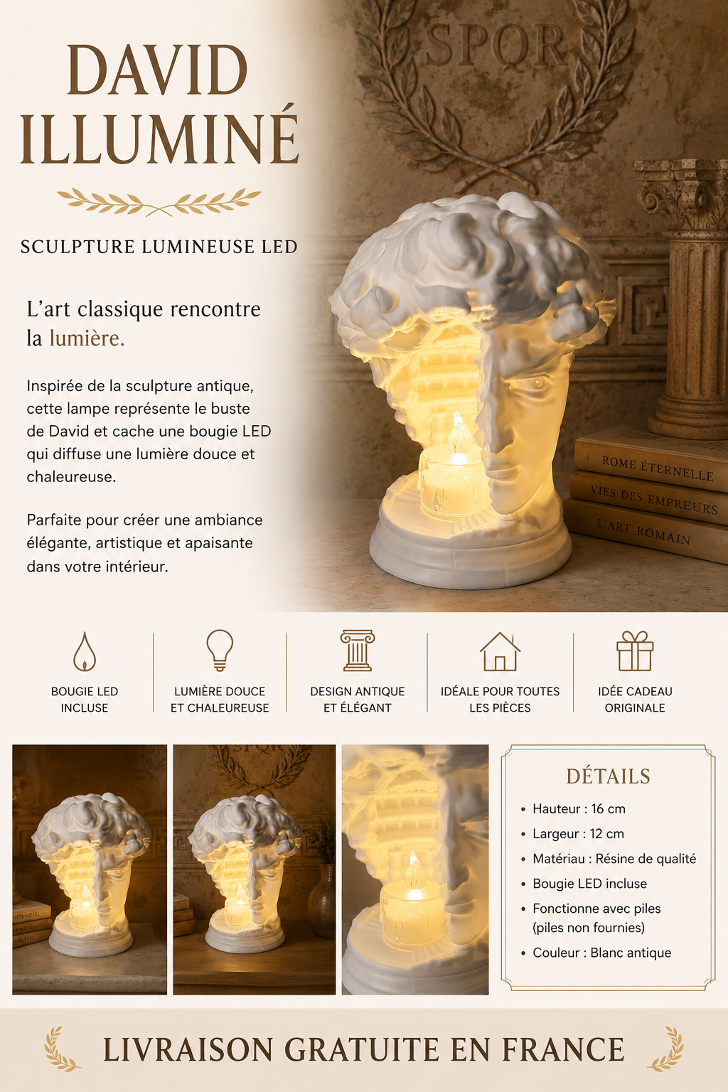 Lampe Décorative David Illuminé – Sculpture Design Impression 3D