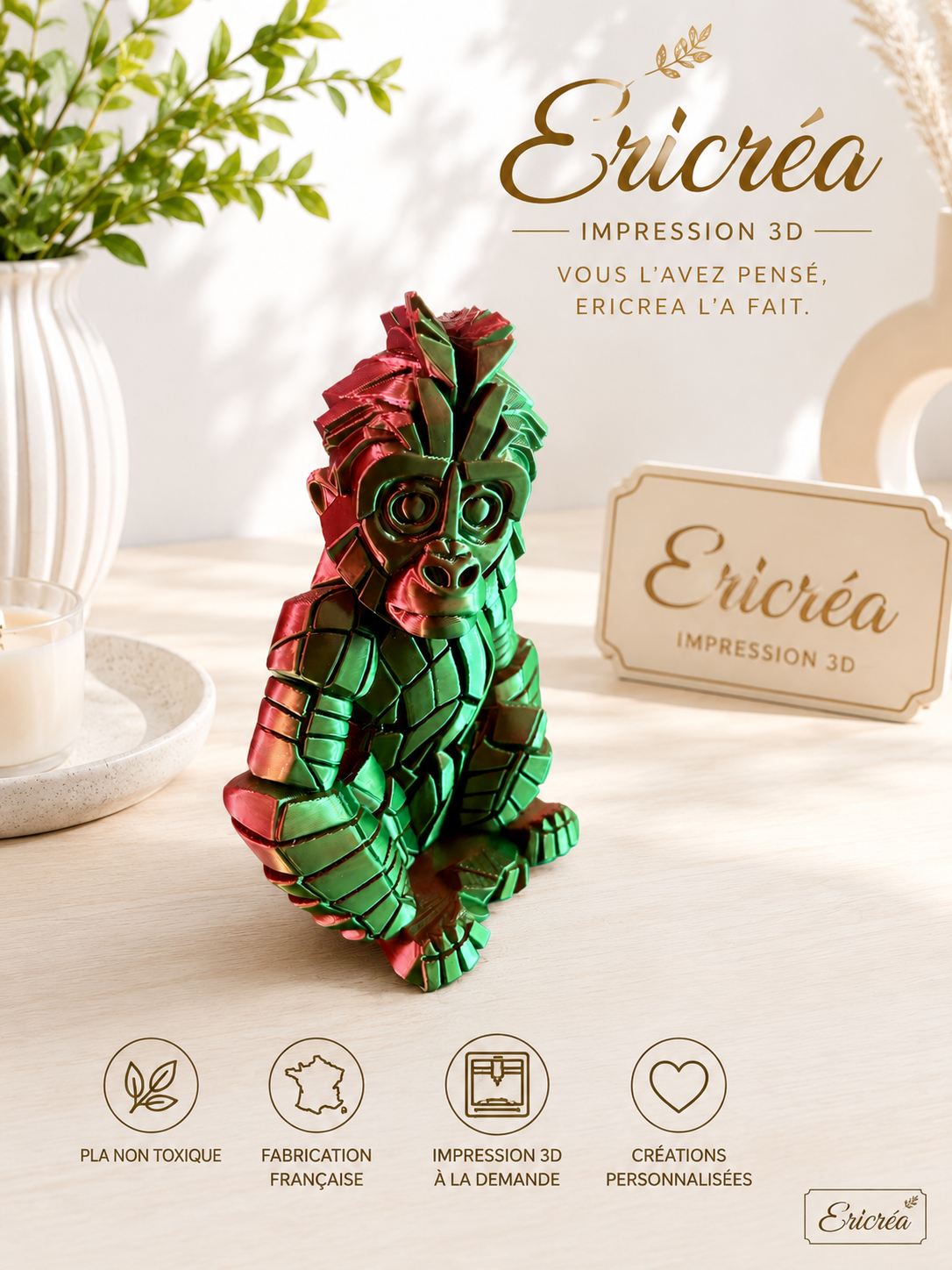 Sculpture Gorille Géométrique 3D – Décoration design effet métallisé