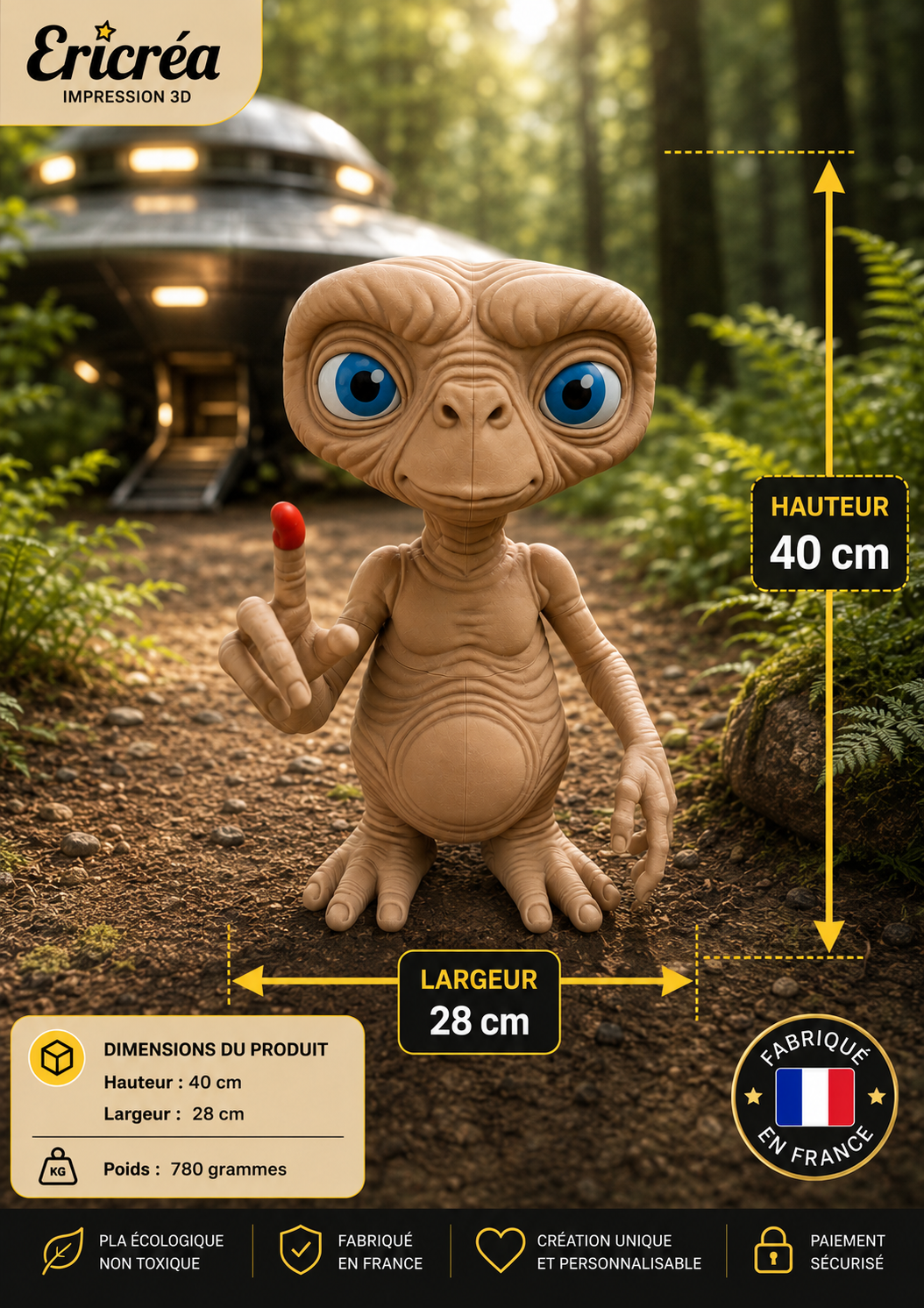 Figurine E.T. l’Extraterrestre XXL – 40 cm – Doigt lumineux