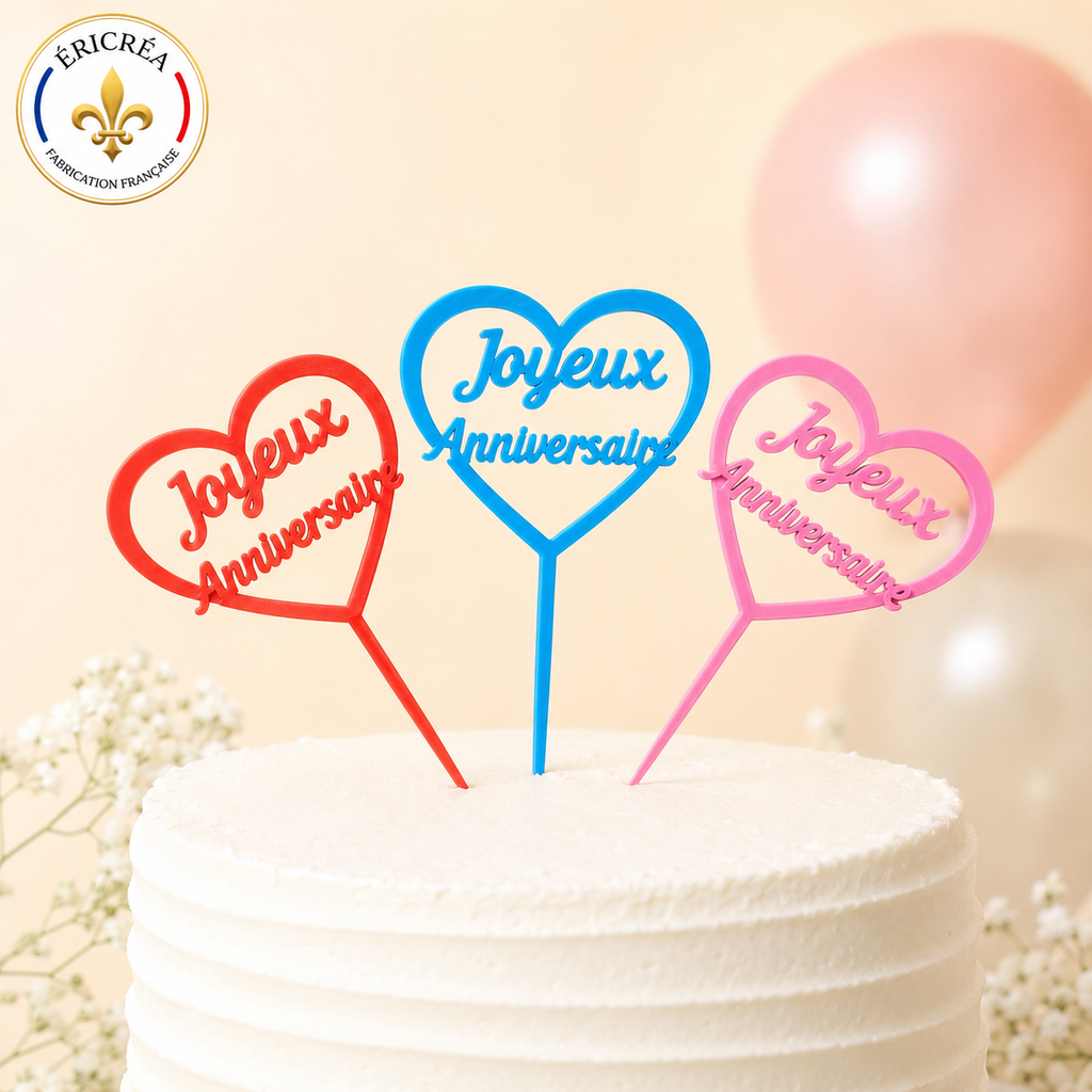 Lot de 3 pics « Joyeux Anniversaire » pour gâteau – Couleurs au choix