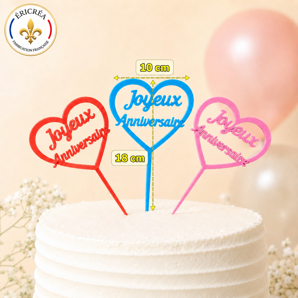 Lot de 3 pics « Joyeux Anniversaire » pour gâteau – Couleurs au choix