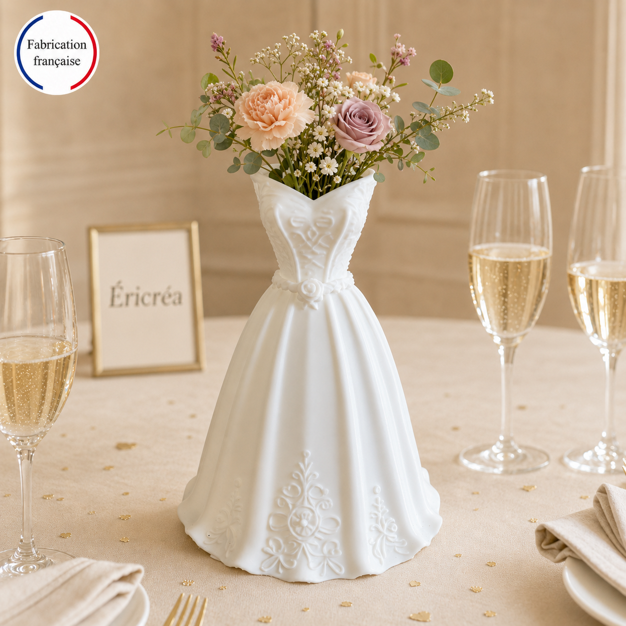 Centre de table élégant – Vase robe de mariée fleuri