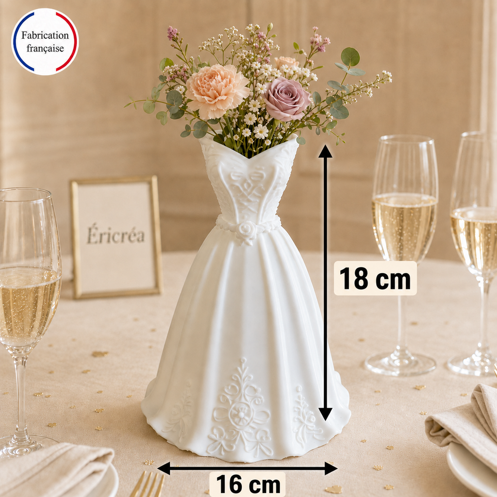 Centre de table élégant – Vase robe de mariée fleuri
