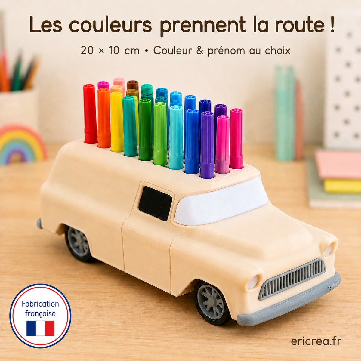 Voiture porte-stylos personnalisable avec feutres colorés, 20 x 10 cm