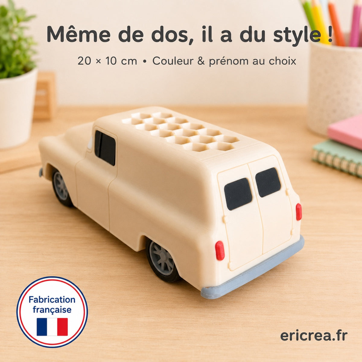 Voiture porte-stylos personnalisable vue de dos