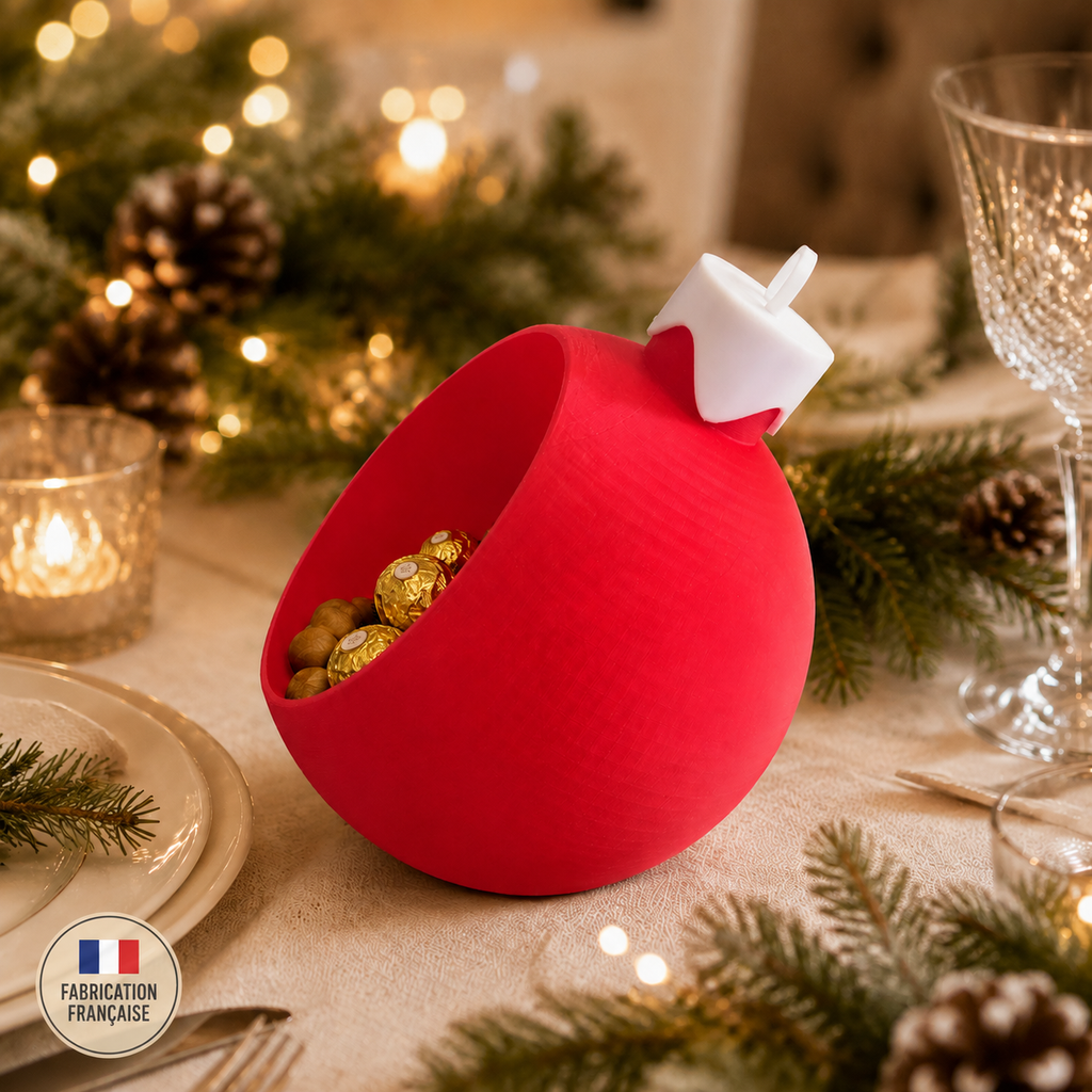 Boule de Noël centre de table rouge et blanche, fabrication française