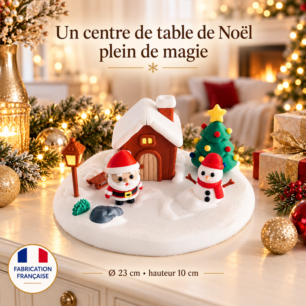 Centre de table village de Noël dans une décoration claire