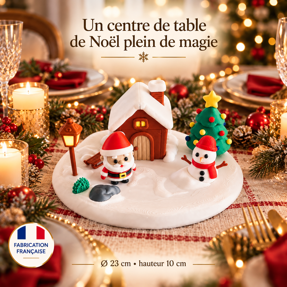 Centre de table village de Noël sur une table dressée