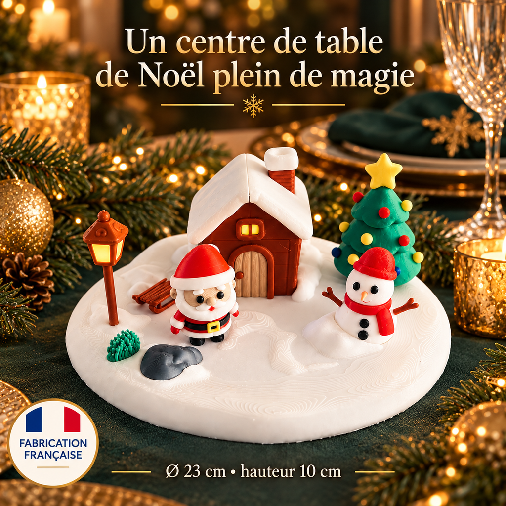 Centre de table village de Noël dans une décoration verte et dorée
