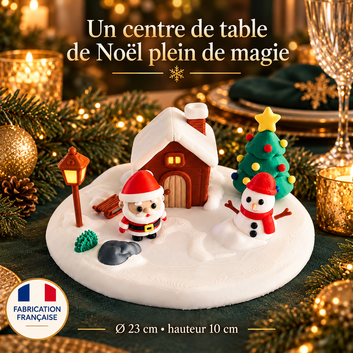 Centre de table village de Noël dans une décoration verte et dorée
