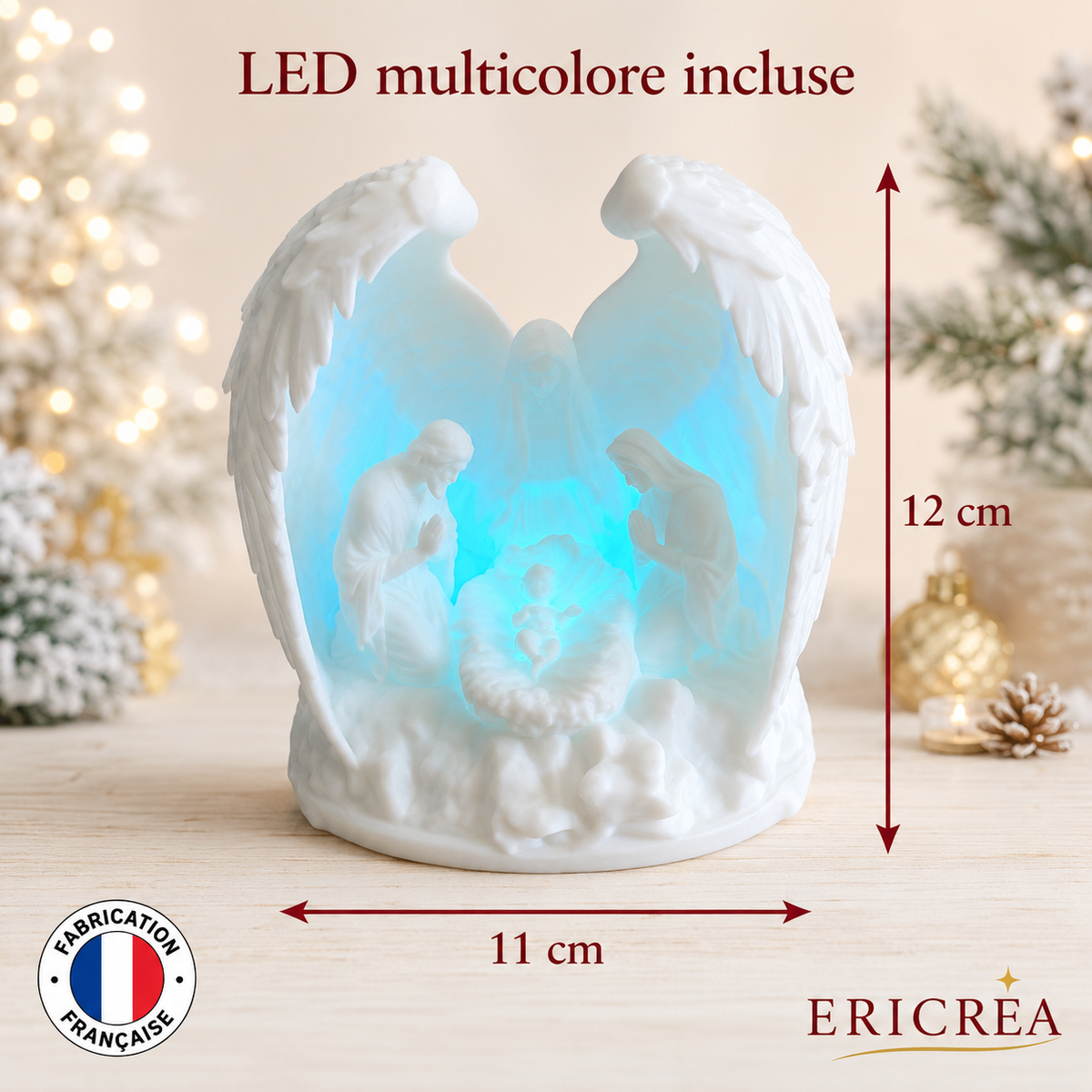 Dimensions de la crèche lumineuse : 12 cm de hauteur et 11 cm de largeur