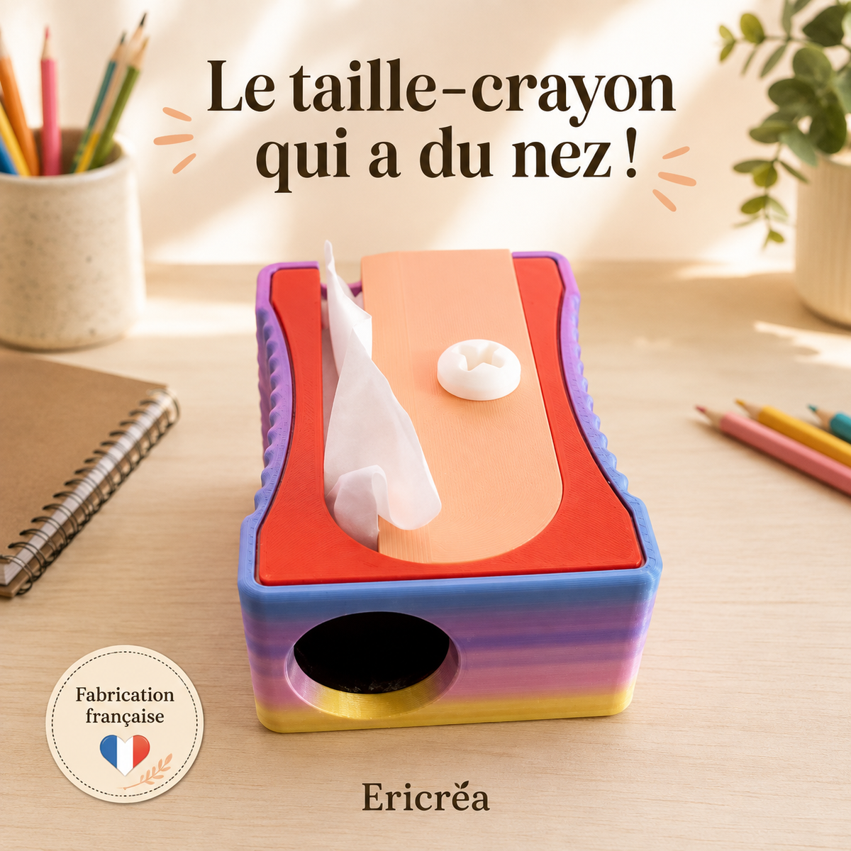 Le Crayon Malin, distributeur de mouchoirs en forme de taille-crayon Ericréa