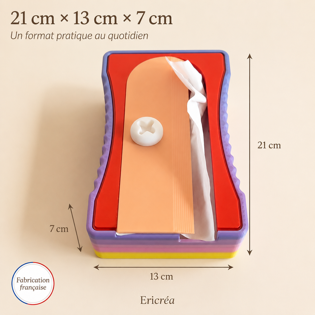 Dimensions 21 x 13 x 7 cm du distributeur de mouchoirs taille-crayon