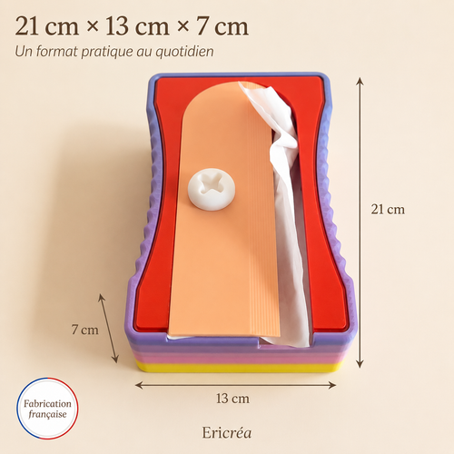 Dimensions 21 x 13 x 7 cm du distributeur de mouchoirs taille-crayon