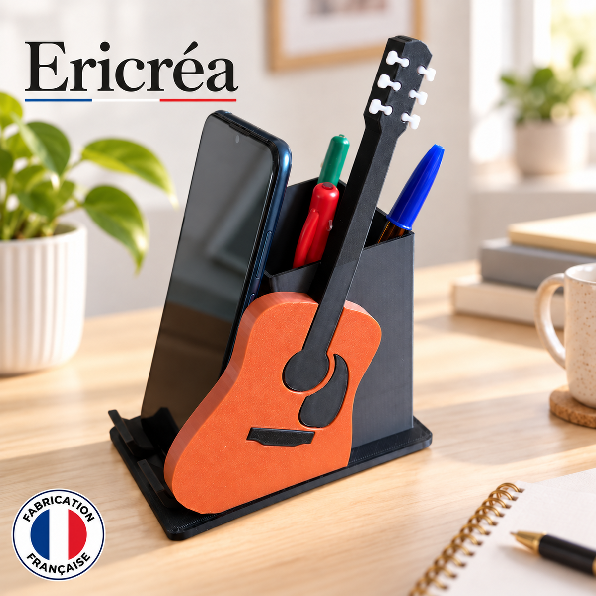 Support téléphone guitare Ericréa orange avec rangement pour stylos – photo de présentation