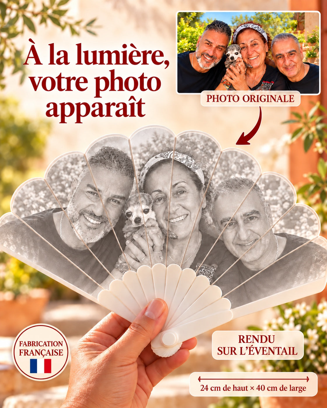 Éventail photo personnalisé : la photo apparaît à la lumière, 24 cm de haut sur 40 cm de large, fabrication française