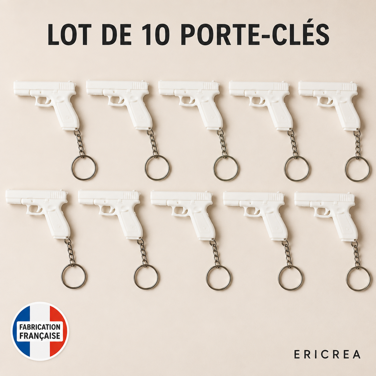 Lot Revendeur Porte-clés – Pistolet blanc – 10 pièces