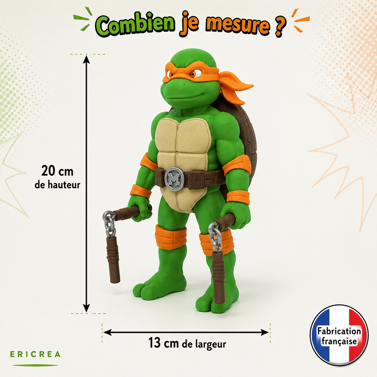 Dimensions figurine Tortue Ninja Michelangelo – 20 x 13 cm