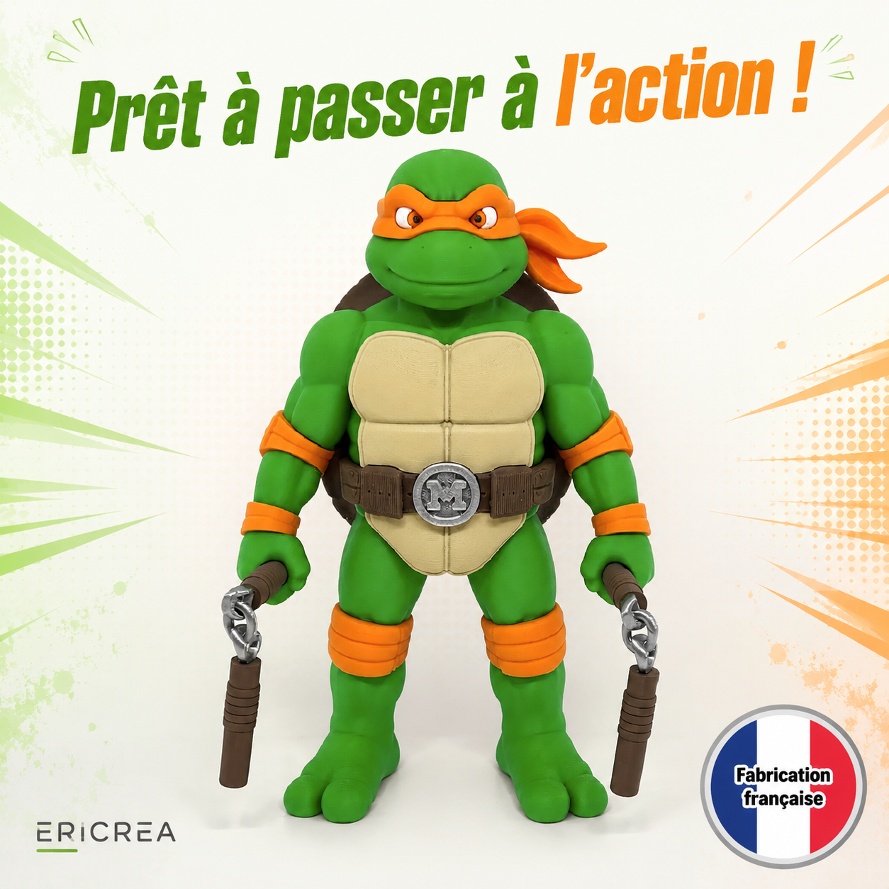 Figurine Tortue Ninja Michelangelo imprimée en 3D – vue de face