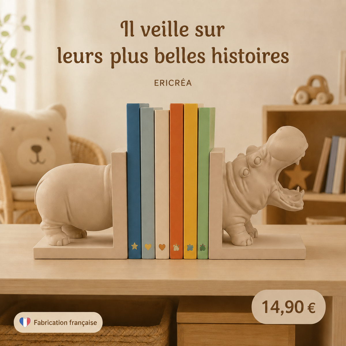 Hector le gardien des histoires, serre-livres hippopotame dans une chambre d'enfant