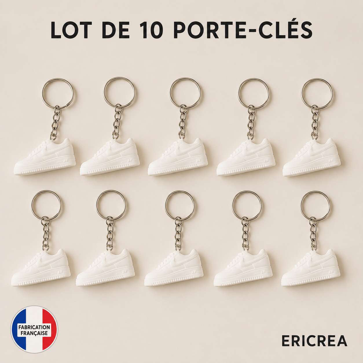 Lot de 10 porte-clés basket blanche ERICREA – fabrication française