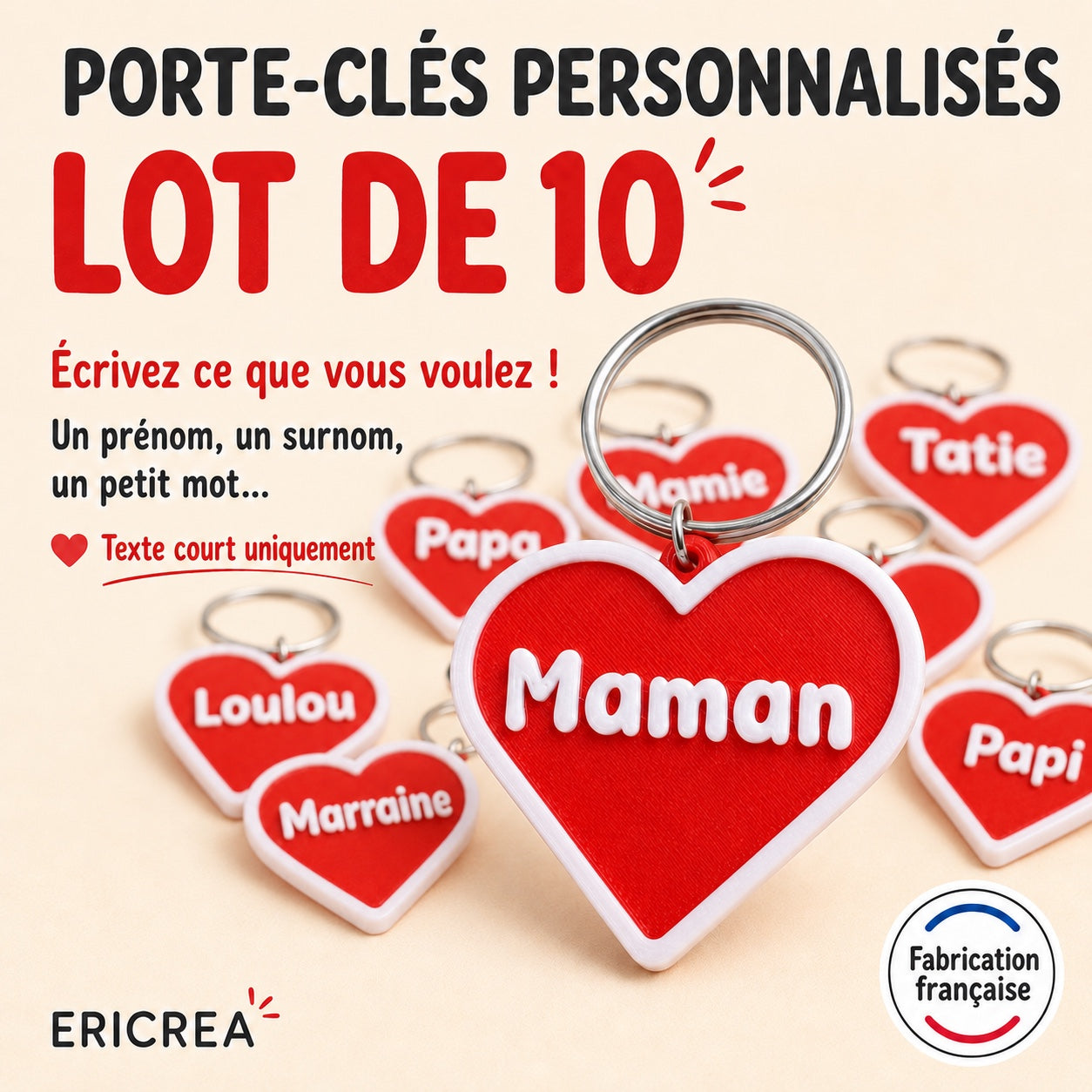 Lot de 10 porte-clés cœur personnalisables ERICREA