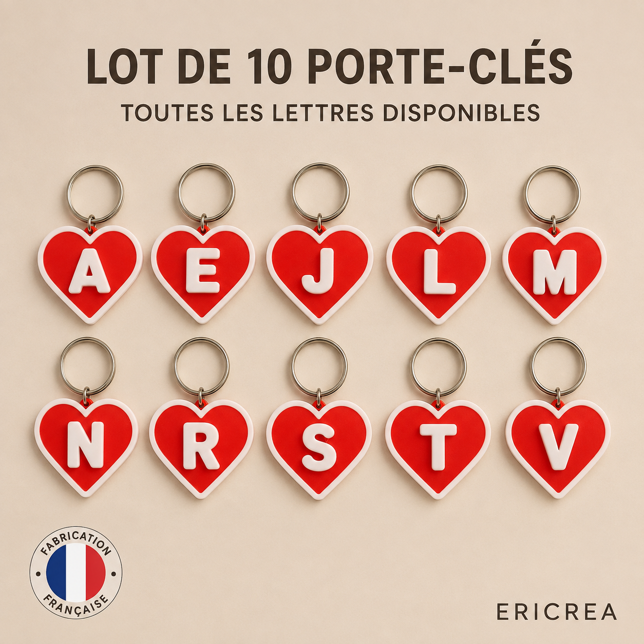 Lot de 10 porte-clés cœur rouge avec lettres personnalisées – toutes les lettres disponibles