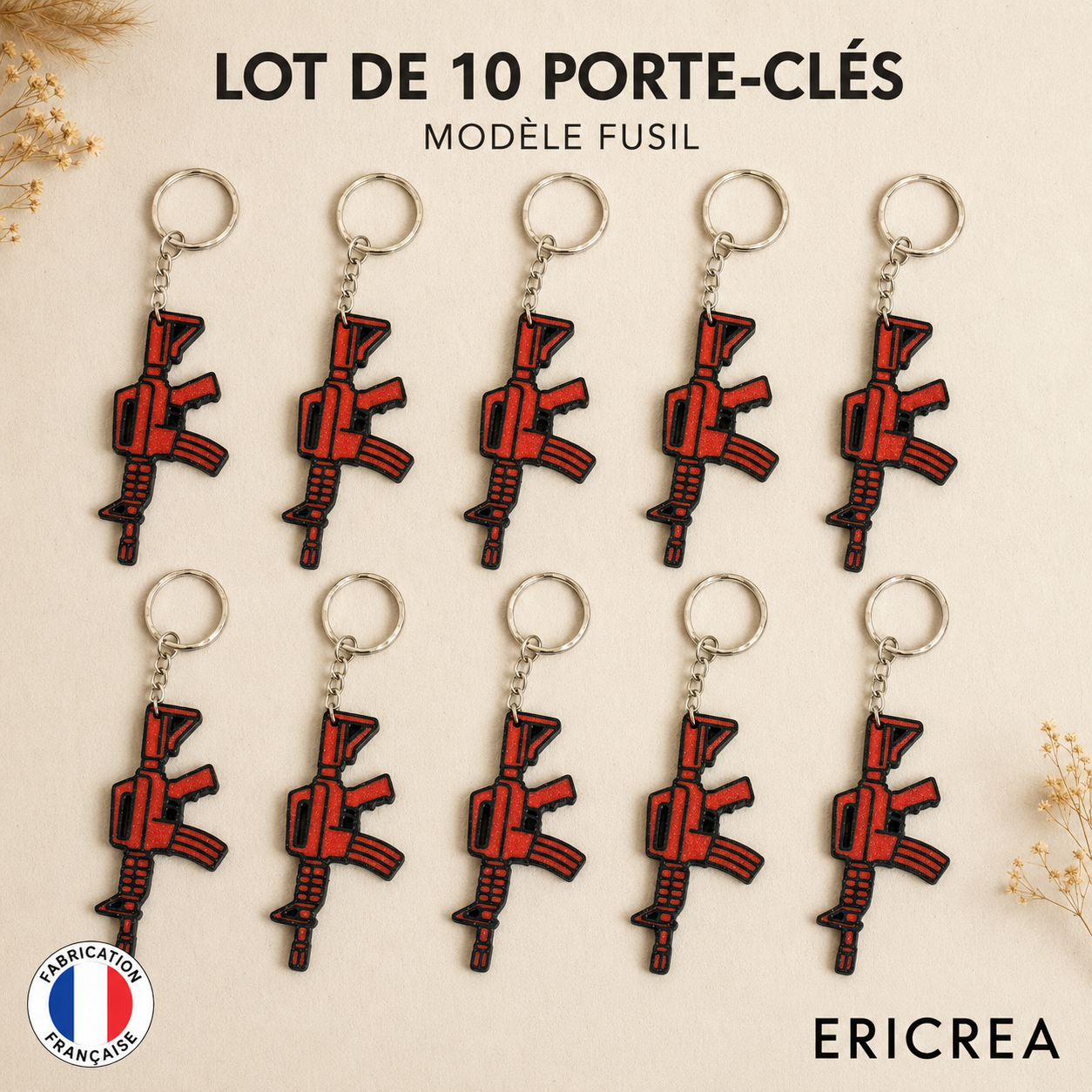 Lot de 10 porte-clés Kalachnikov rouge et noir – ERICREA