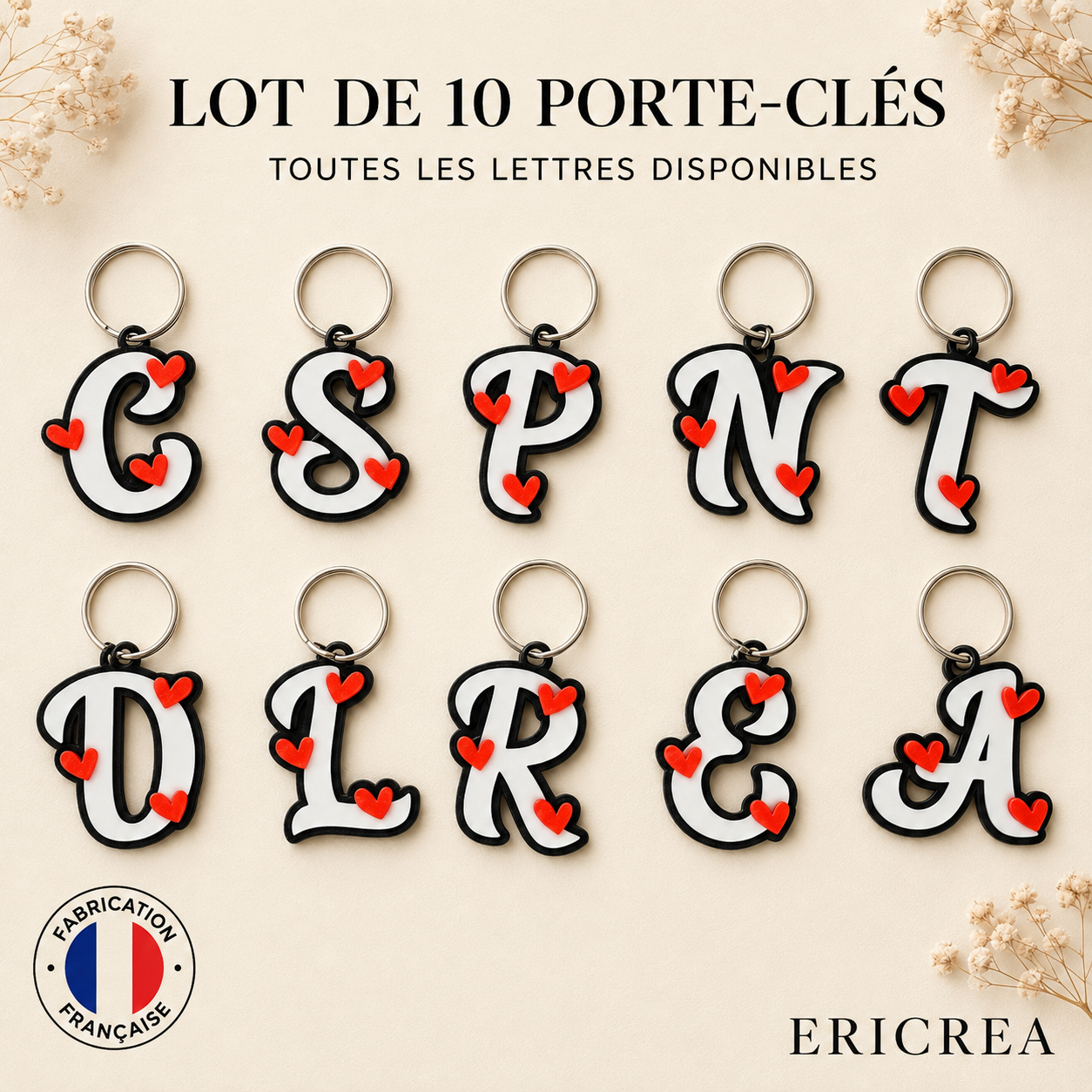 Lot de 10 porte-clés lettres avec cœurs – toutes les lettres disponibles – ERICREA