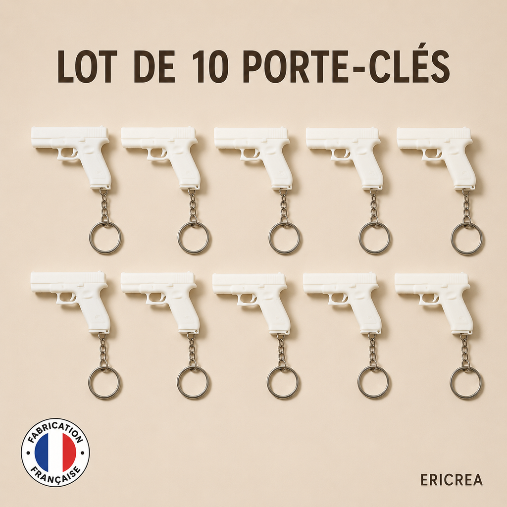 Lot de 10 porte-clés pistolet blanc ERICREA – fabrication française