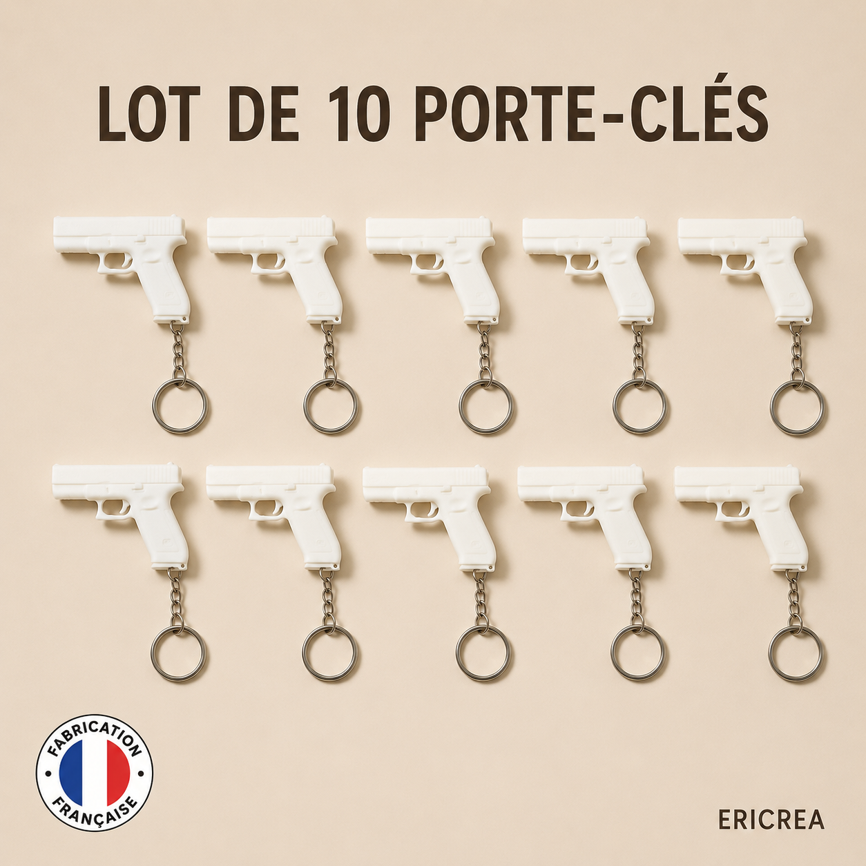 Lot de 10 porte-clés pistolet blanc ERICREA – fabrication française