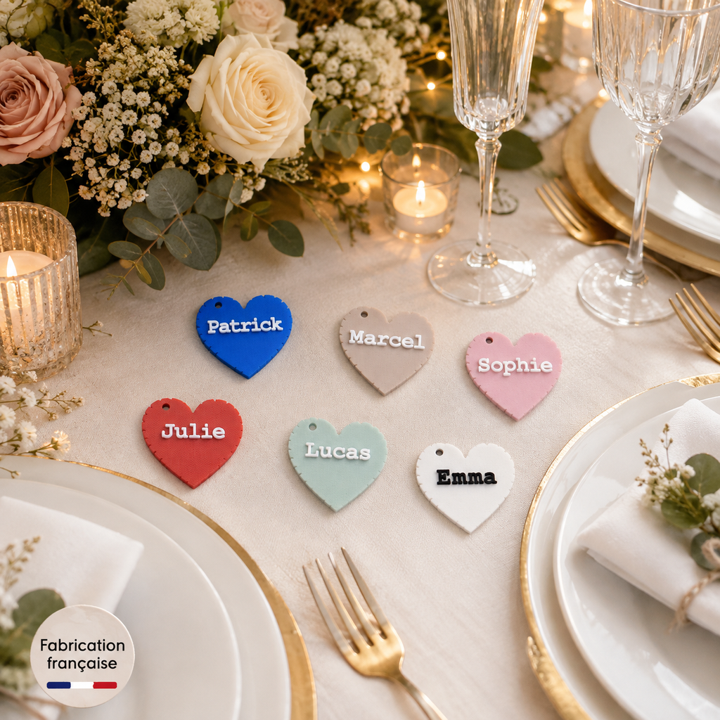 Six marque-places cœur personnalisés sur une table de mariage – fabrication française