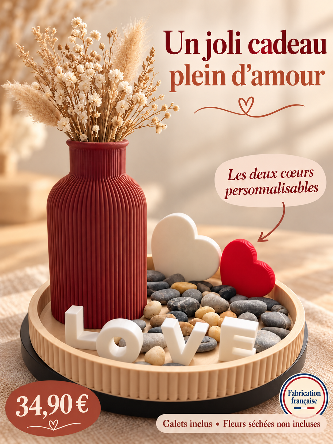 Plateau décoratif LOVE avec deux cœurs personnalisables, galets inclus et fleurs séchées non incluses