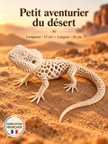 Pogona imprimé en 3D sur fond désertique, longueur 15 cm et largeur 10 cm.