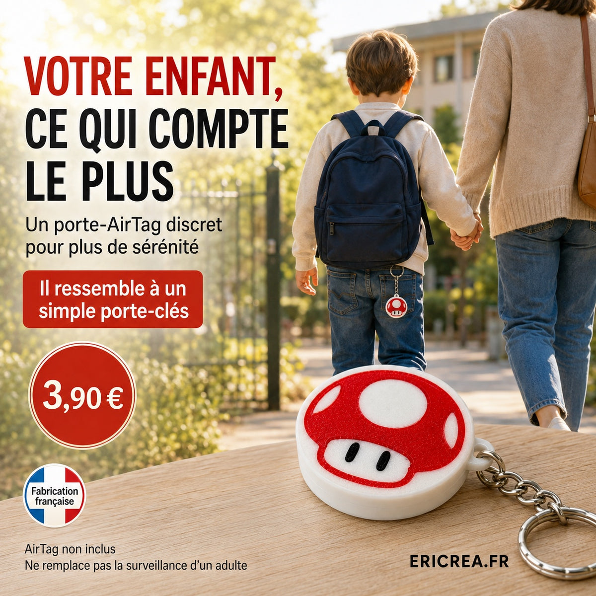Porte-AirTag champignon discret accroché lors d’une sortie avec un enfant