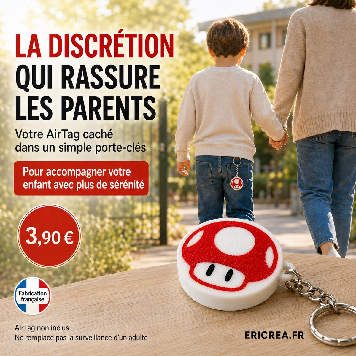 Porte-AirTag champignon rouge et blanc pour accompagner les sorties en famille