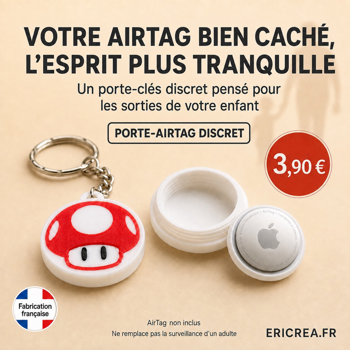 Porte-AirTag discret champignon rouge et blanc, AirTag non inclus