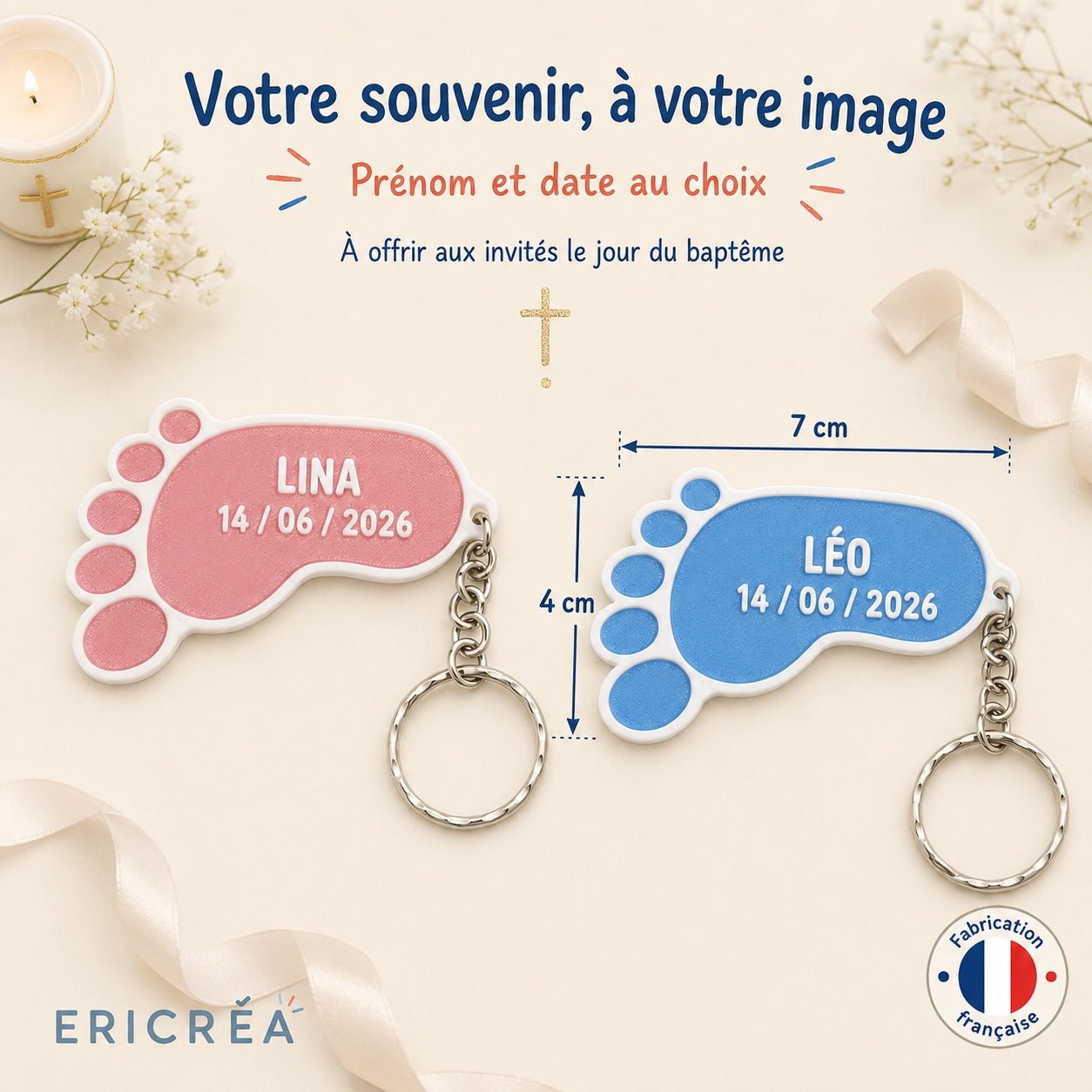 Porte-clés pied baptême personnalisé dimensions 7 x 4 cm