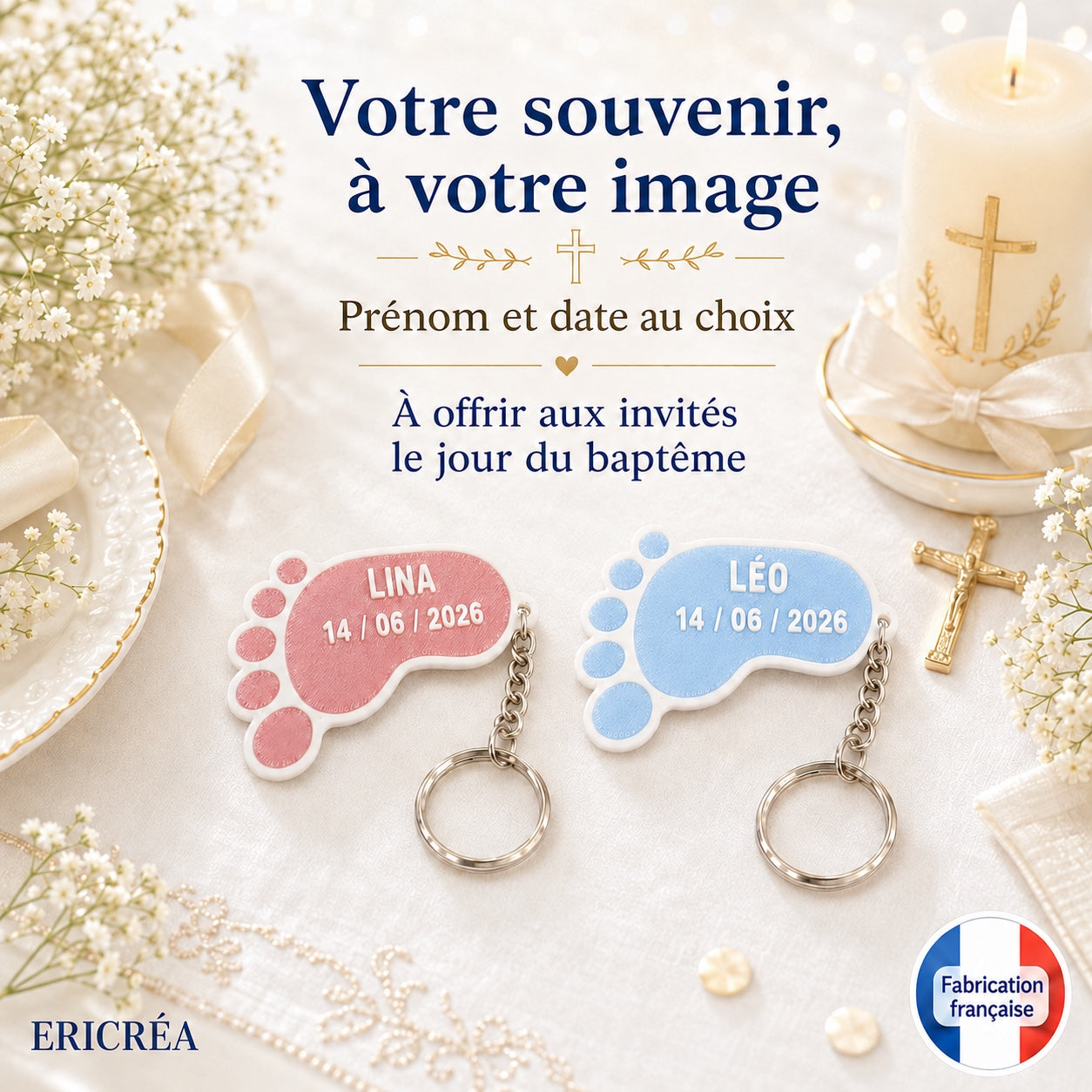 Porte-clés pied baptême personnalisé rose ou bleu