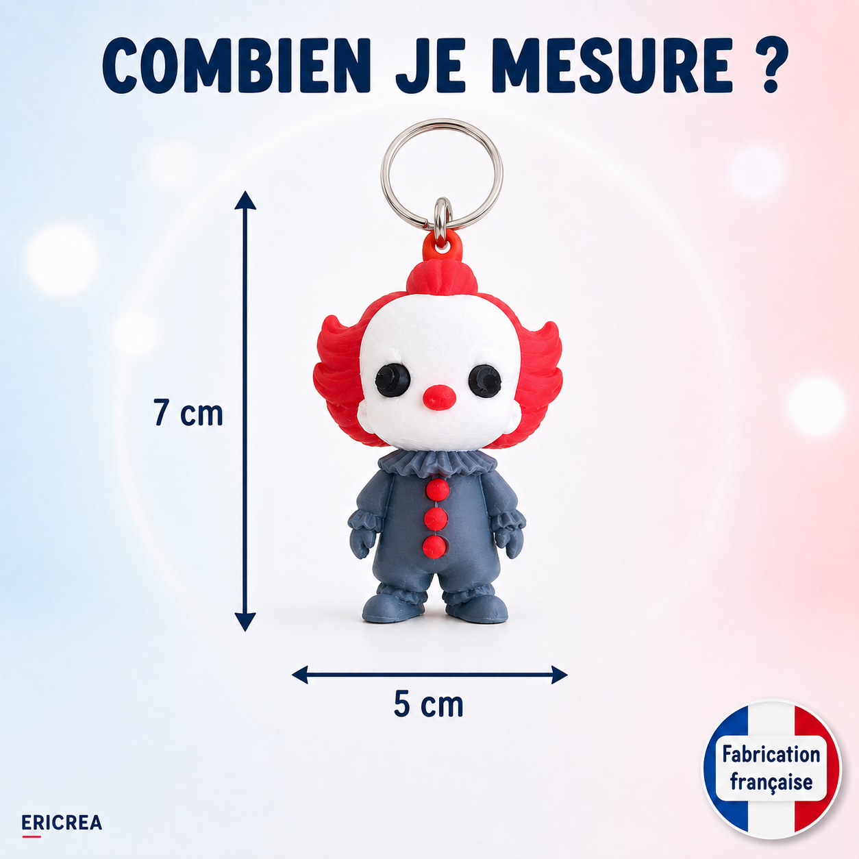 Dimensions du porte-clés clown d’horreur 3D : 7 cm sur 5 cm