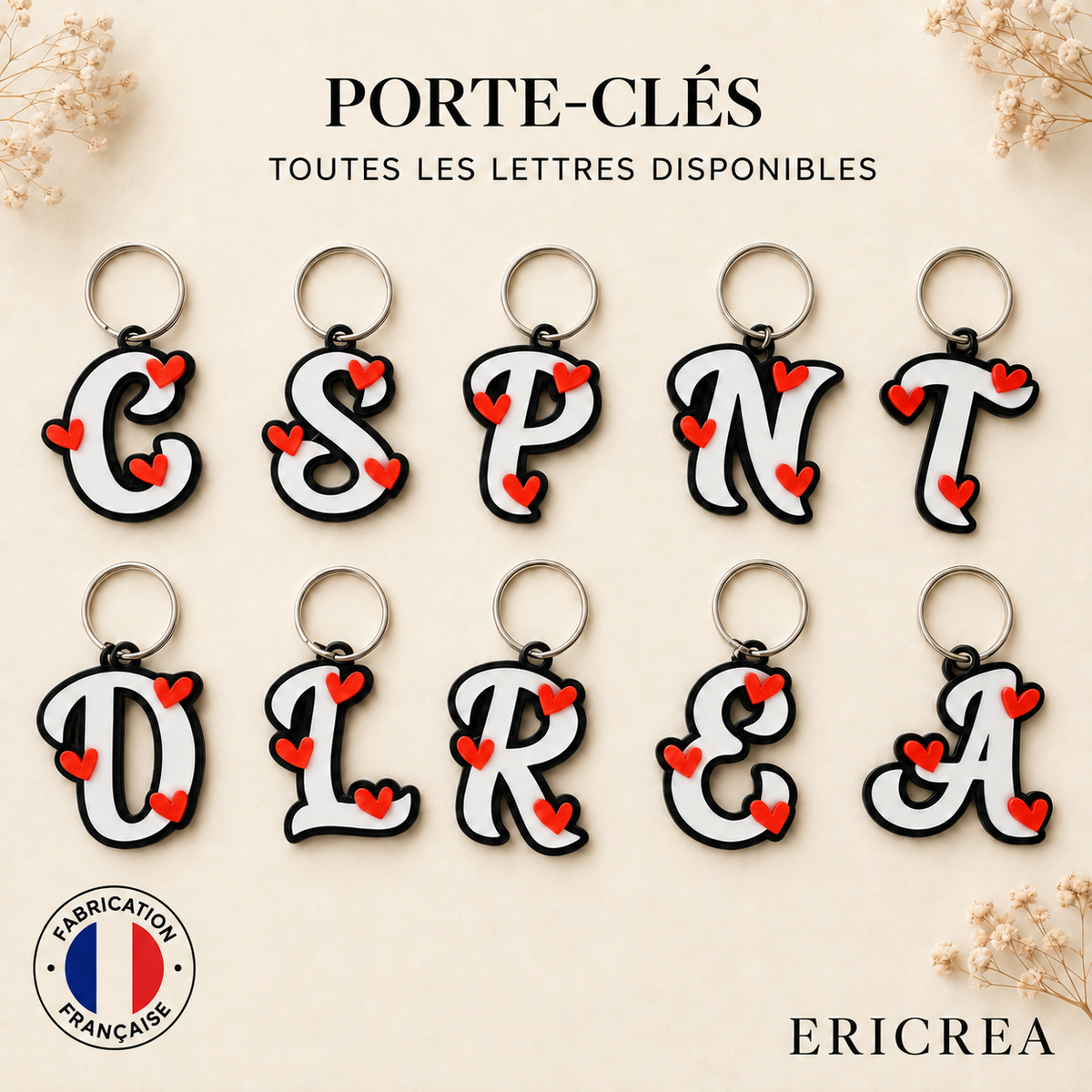 Porte-clés lettres avec petits cœurs – ERICREA