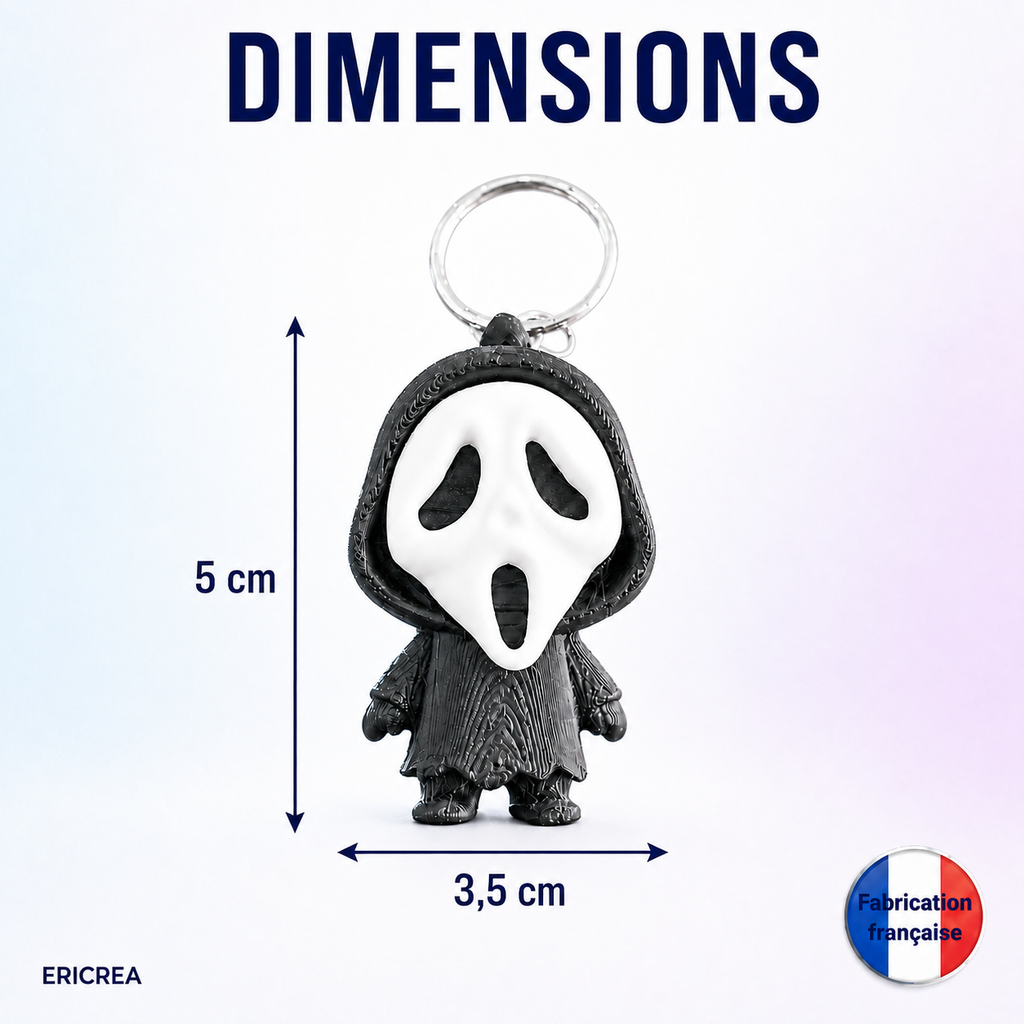 Dimensions porte-clés masque d’horreur 5 par 3,5 centimètres sur fond clair