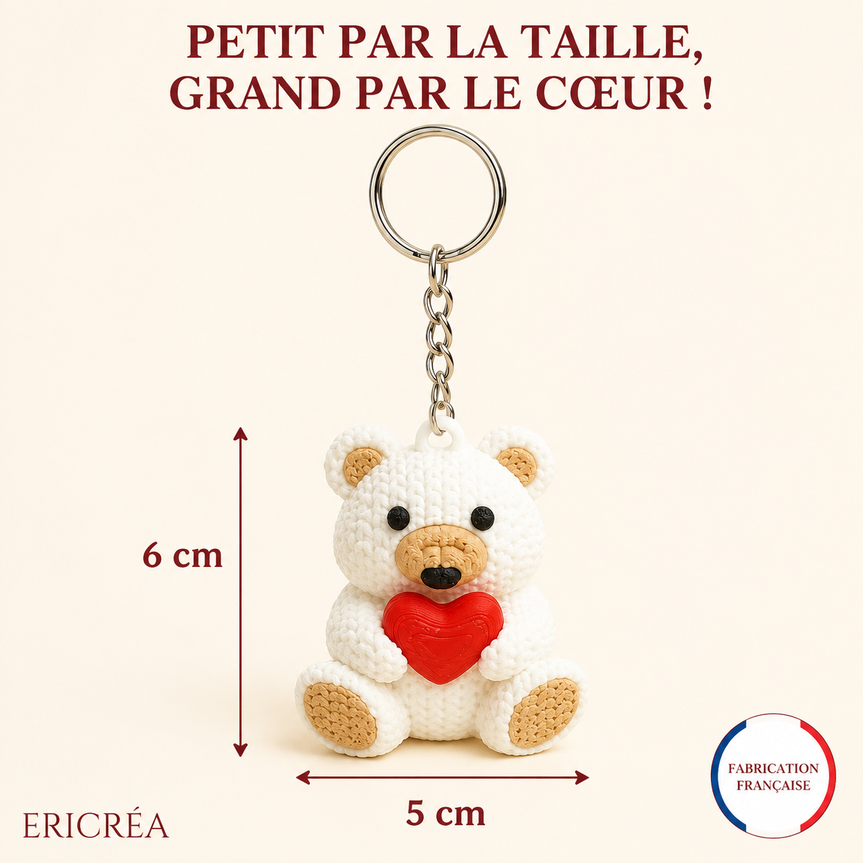 Dimensions du porte-clés ourson cœur : 6 cm sur 5 cm