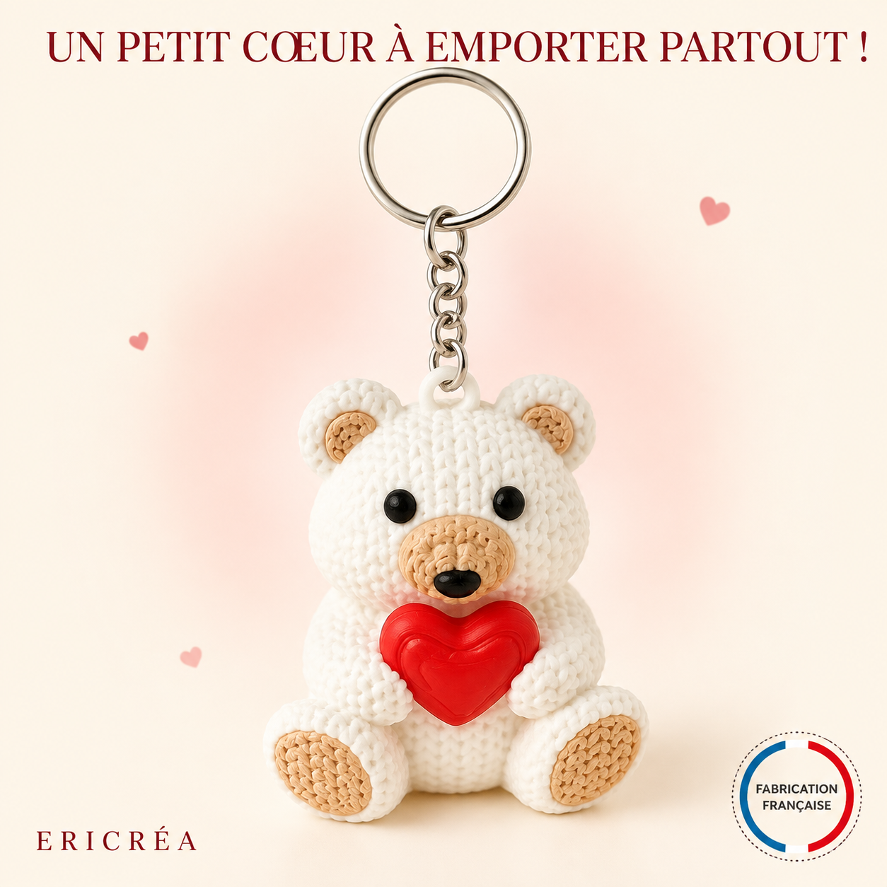 Porte-clés ourson blanc avec cœur rouge Ericréa