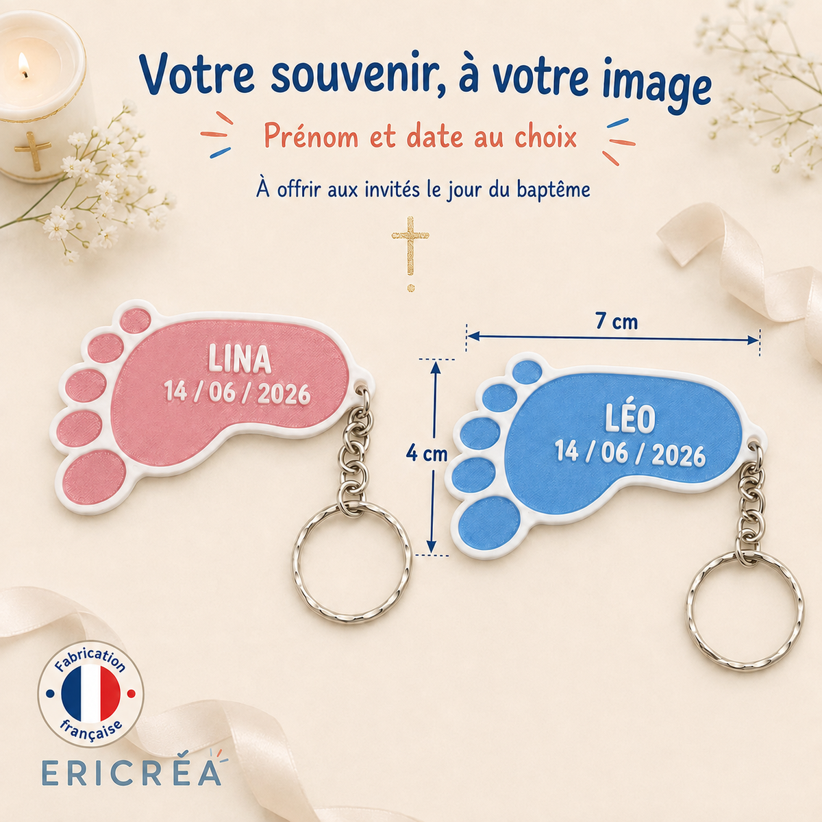 Porte-clés pied personnalisé rose et bleu, dimensions 7 x 4 cm